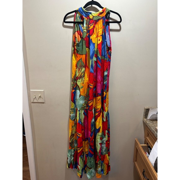 MSK Halter Maxi Dress Colorful Floral Tiered Sleeveless Vibrant Bohemian Size M - Picture 3 of 9
